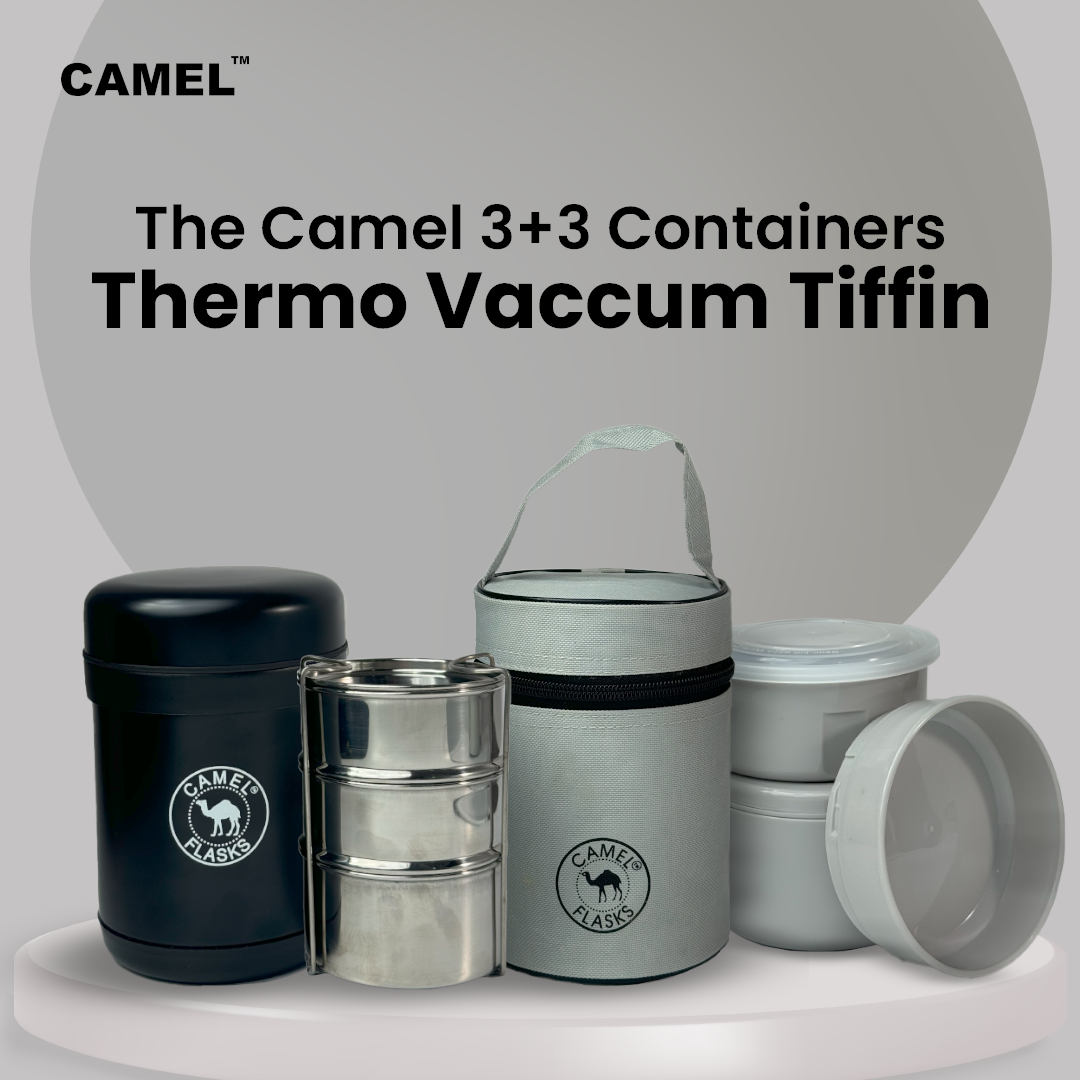 Camel 3 + 3 Free Steel Container - 750 ML Vacuum Insulated Thermosteel + Plastic Container Tiffin with Bag