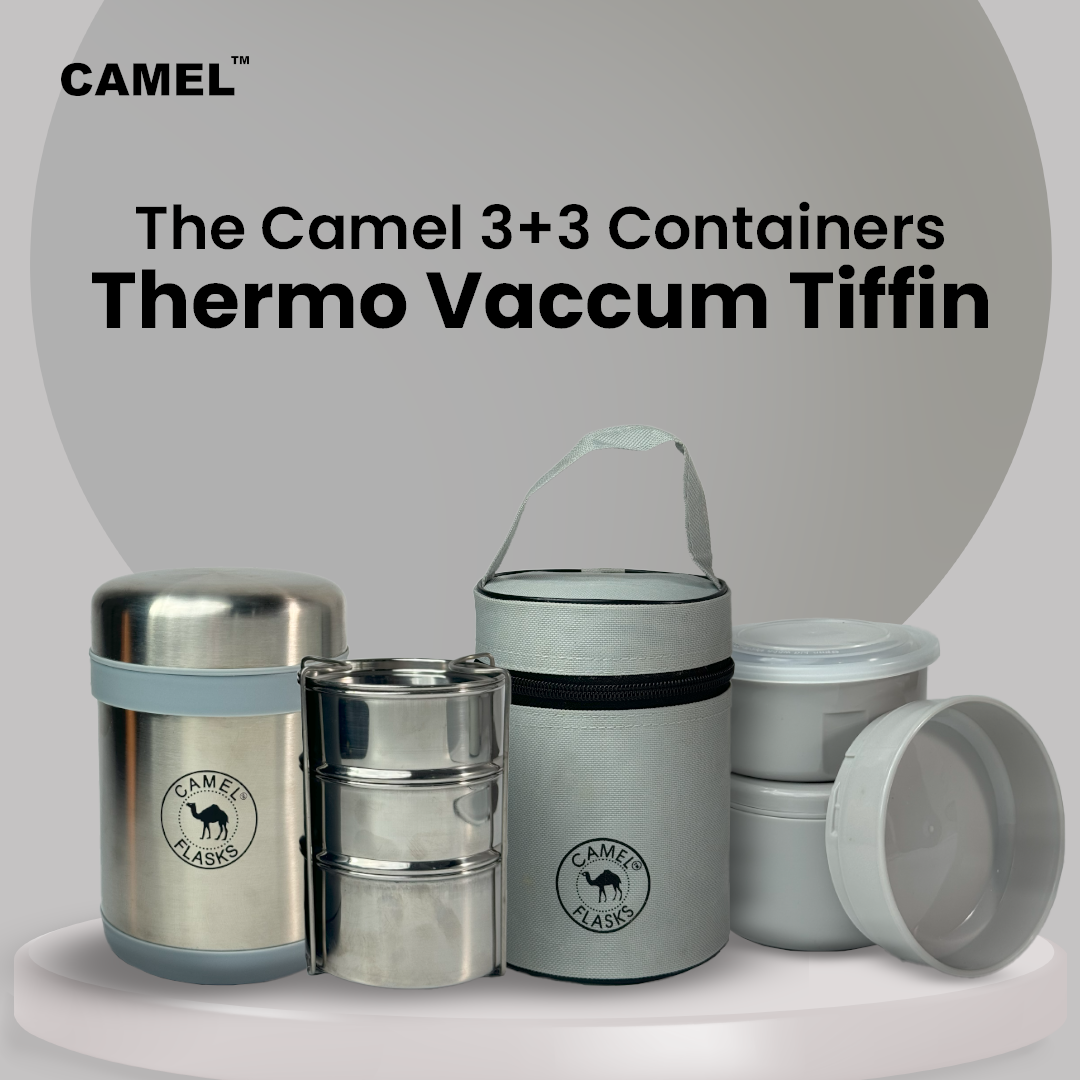 Camel 3 + 3 Free Steel Container - 750 ML Vacuum Insulated Thermosteel + Plastic Container Tiffin with Bag