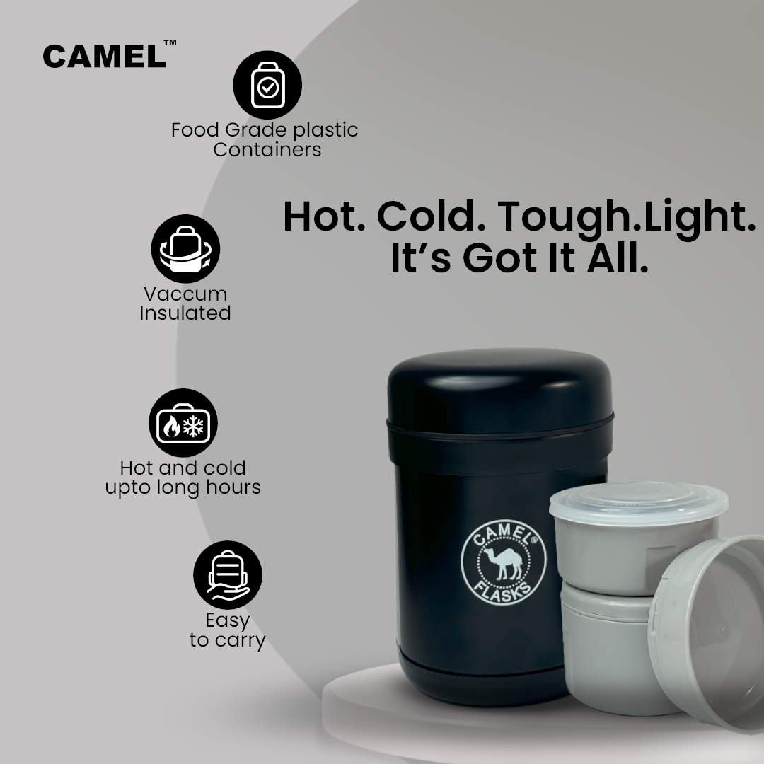Camel 3 + 3 Free Steel Container - 750 ML Vacuum Insulated Thermosteel + Plastic Container Tiffin with Bag