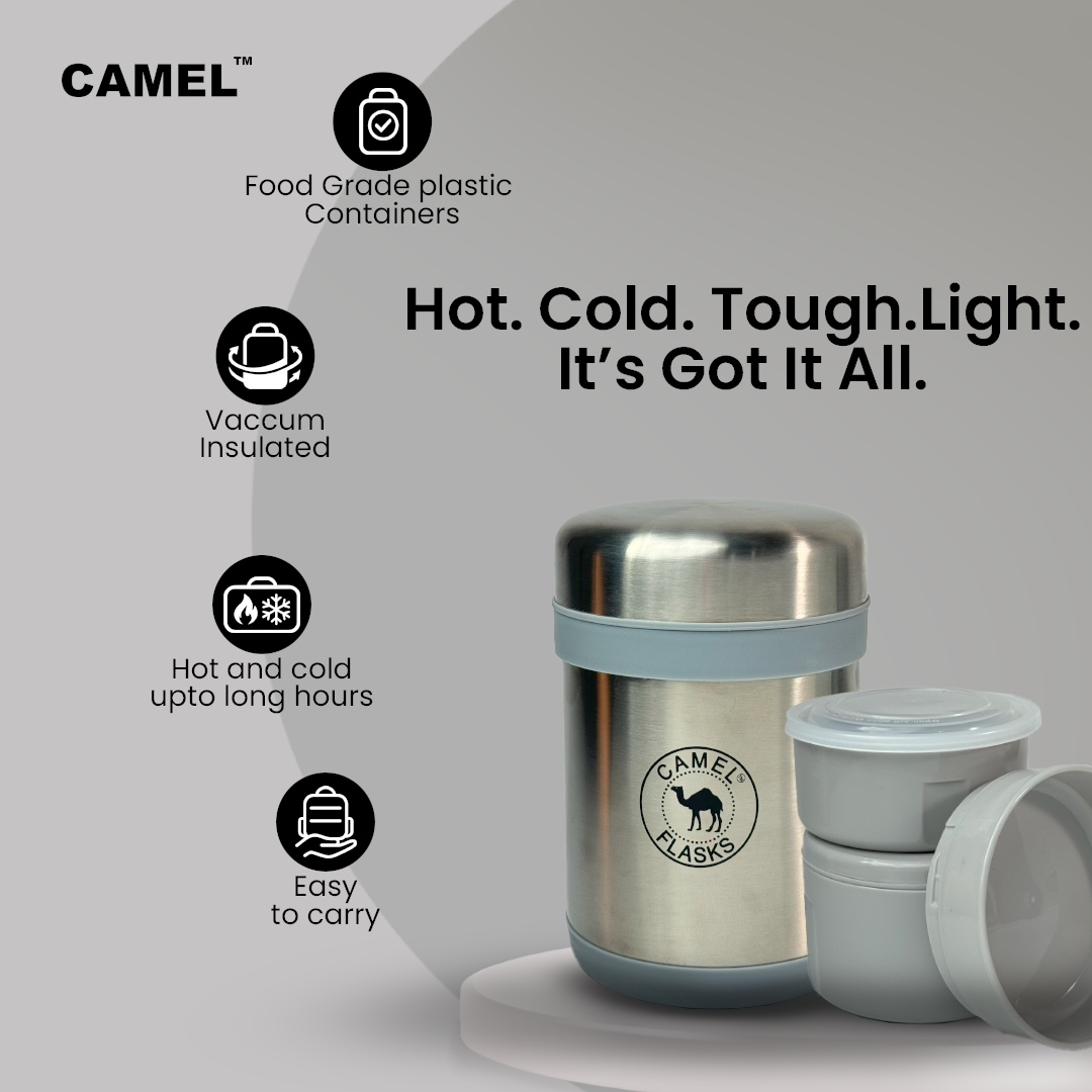 Camel 3 + 3 Free Steel Container - 750 ML Vacuum Insulated Thermosteel + Plastic Container Tiffin with Bag