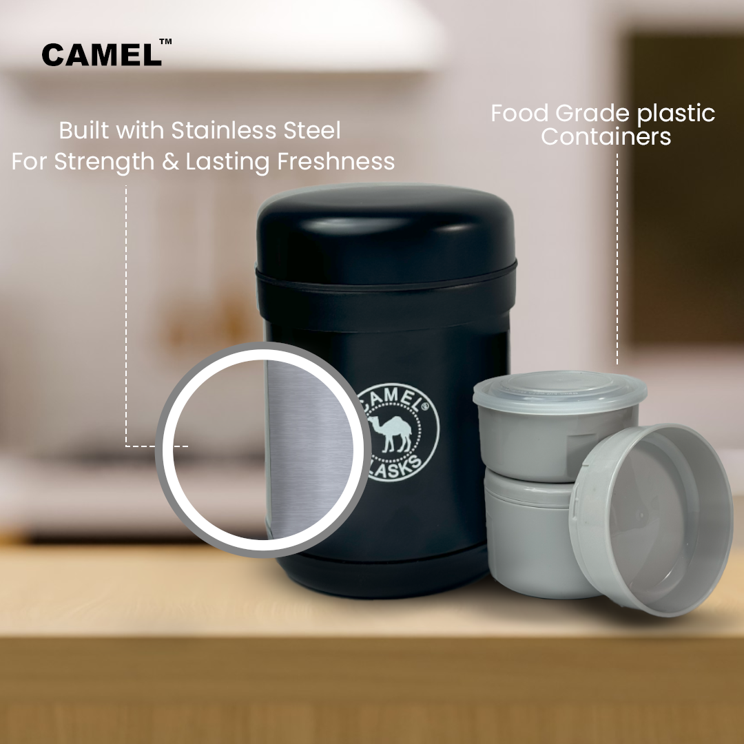 Camel 3 + 3 Free Steel Container - 750 ML Vacuum Insulated Thermosteel + Plastic Container Tiffin with Bag