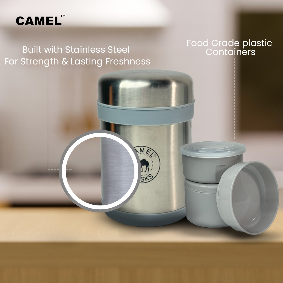 Camel 3 + 3 Free Steel Container - 750 ML Vacuum Insulated Thermosteel + Plastic Container Tiffin with Bag