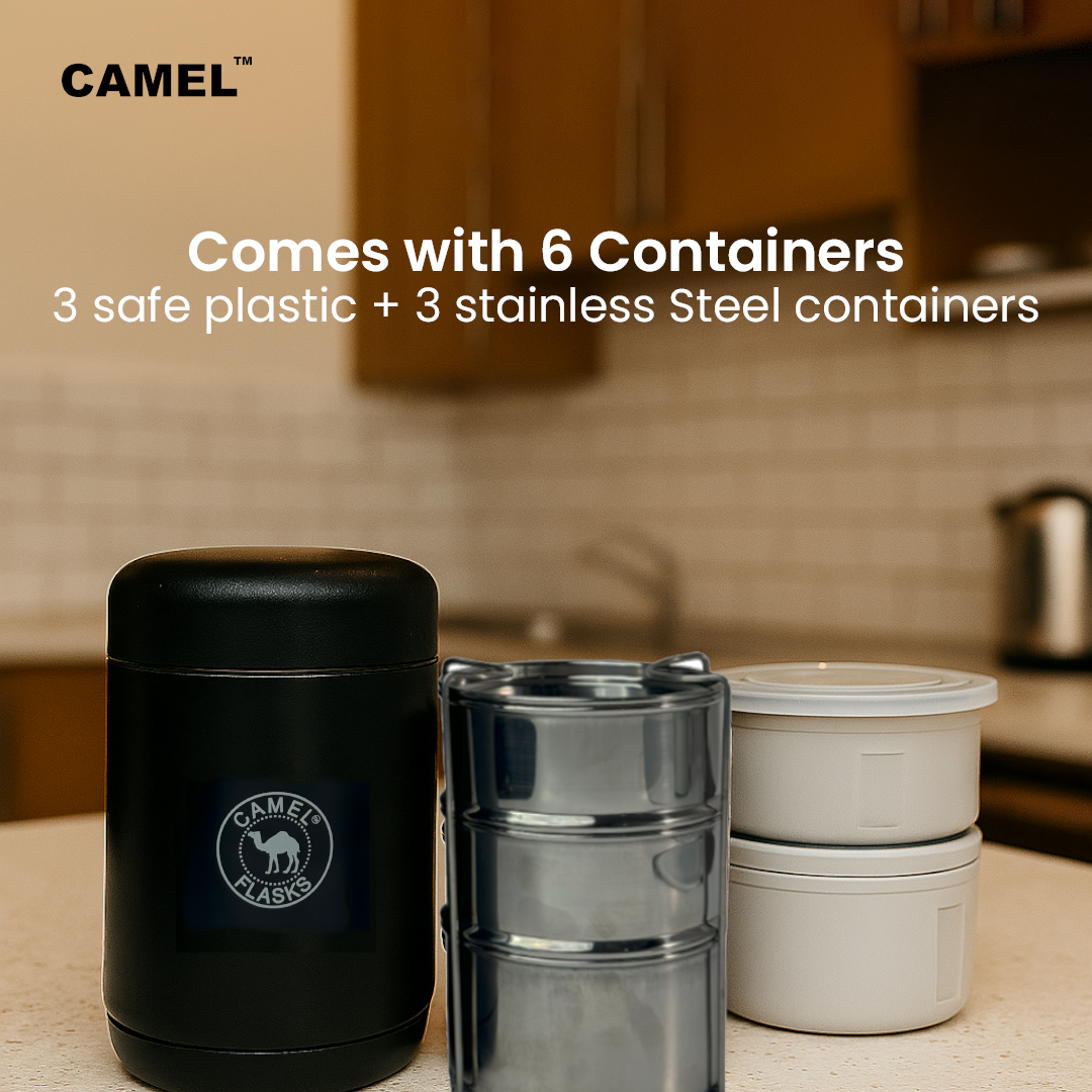 Camel 3 + 3 Free Steel Container - 750 ML Vacuum Insulated Thermosteel + Plastic Container Tiffin with Bag