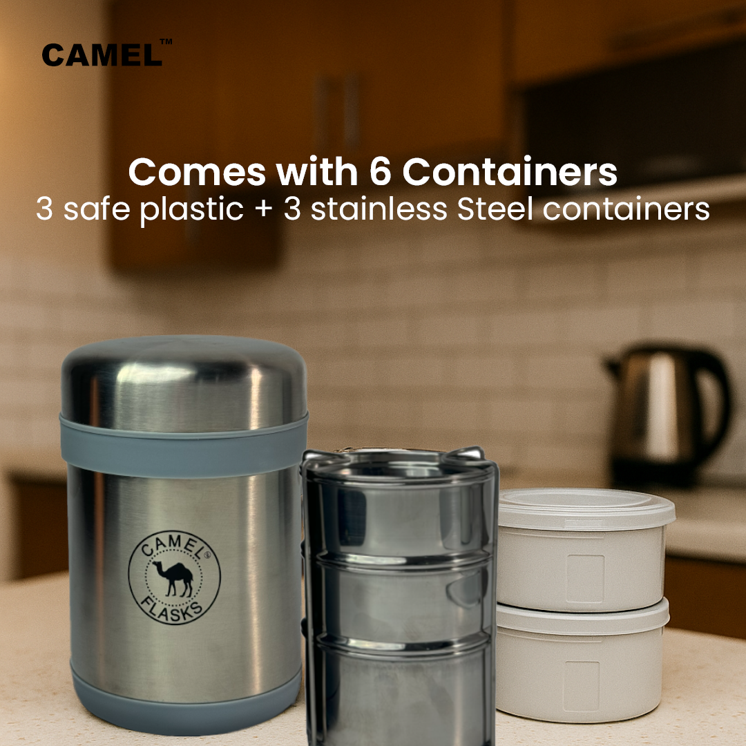 Camel 3 + 3 Free Steel Container - 750 ML Vacuum Insulated Thermosteel + Plastic Container Tiffin with Bag