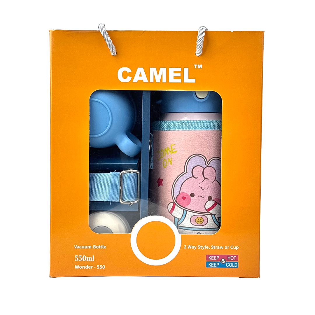 Wonder Kids 550 ML Hot & Cold Vacuum Thermos Sipper & Cup Bottle with Neck Strap Zipper Cover - Pink & Blue