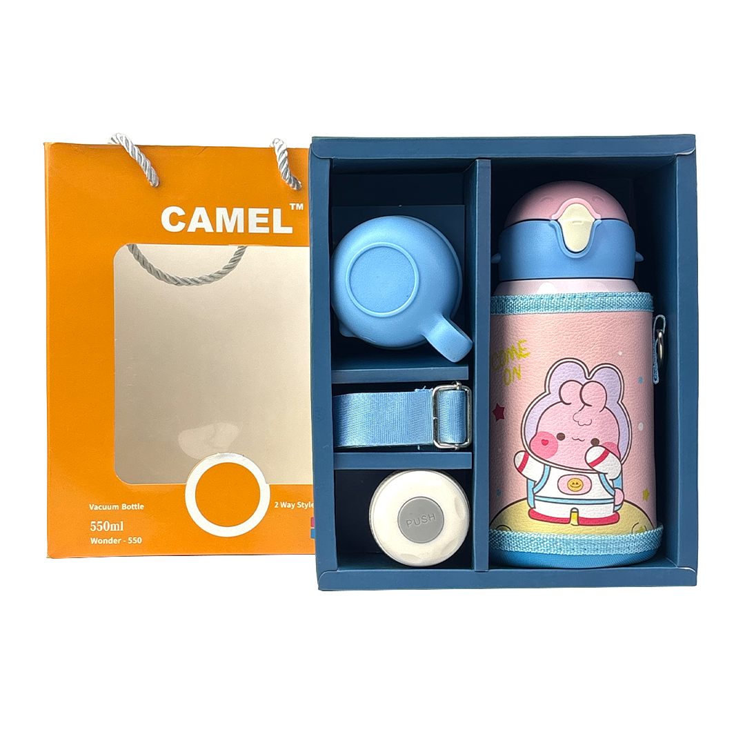Wonder Kids 550 ML Hot & Cold Vacuum Thermos Sipper & Cup Bottle with Neck Strap Zipper Cover - Pink & Blue