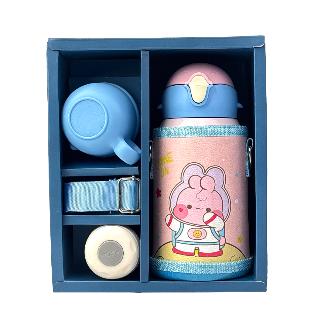 Wonder Kids 550 ML Hot & Cold Vacuum Thermos Sipper & Cup Bottle with Neck Strap Zipper Cover - Pink & Blue