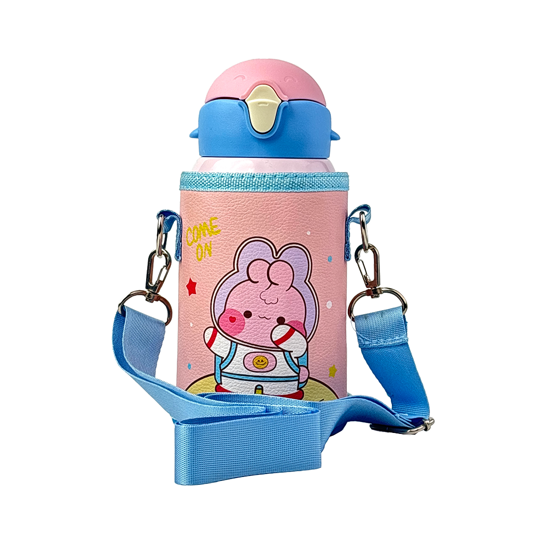 Wonder Kids 550 ML Hot & Cold Vacuum Thermos Sipper & Cup Bottle with Neck Strap Zipper Cover - Pink & Blue