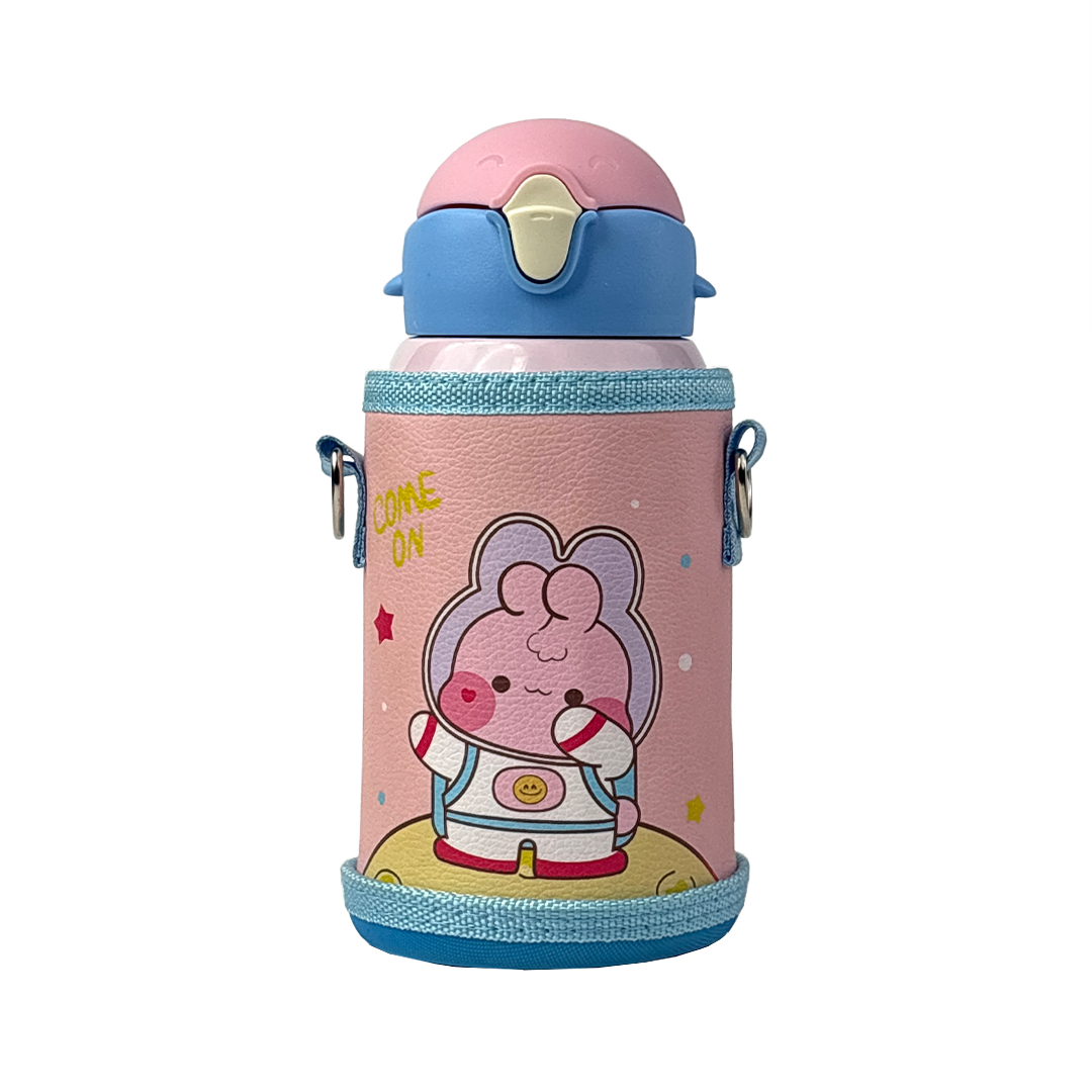 Wonder Kids 550 ML Hot & Cold Vacuum Thermos Sipper & Cup Bottle with Neck Strap Zipper Cover - Pink & Blue