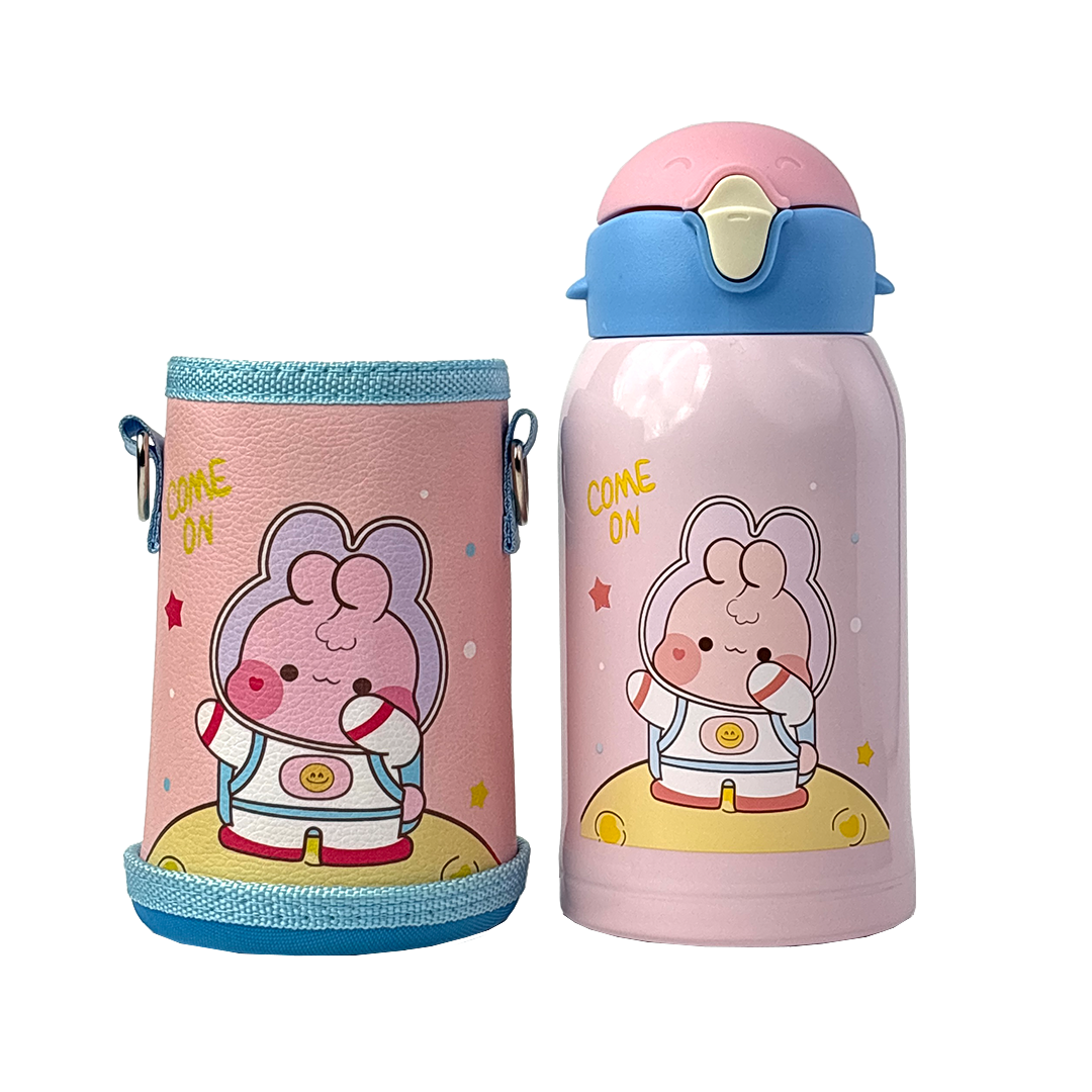 Wonder Kids 550 ML Hot & Cold Vacuum Thermos Sipper & Cup Bottle with Neck Strap Zipper Cover - Pink & Blue