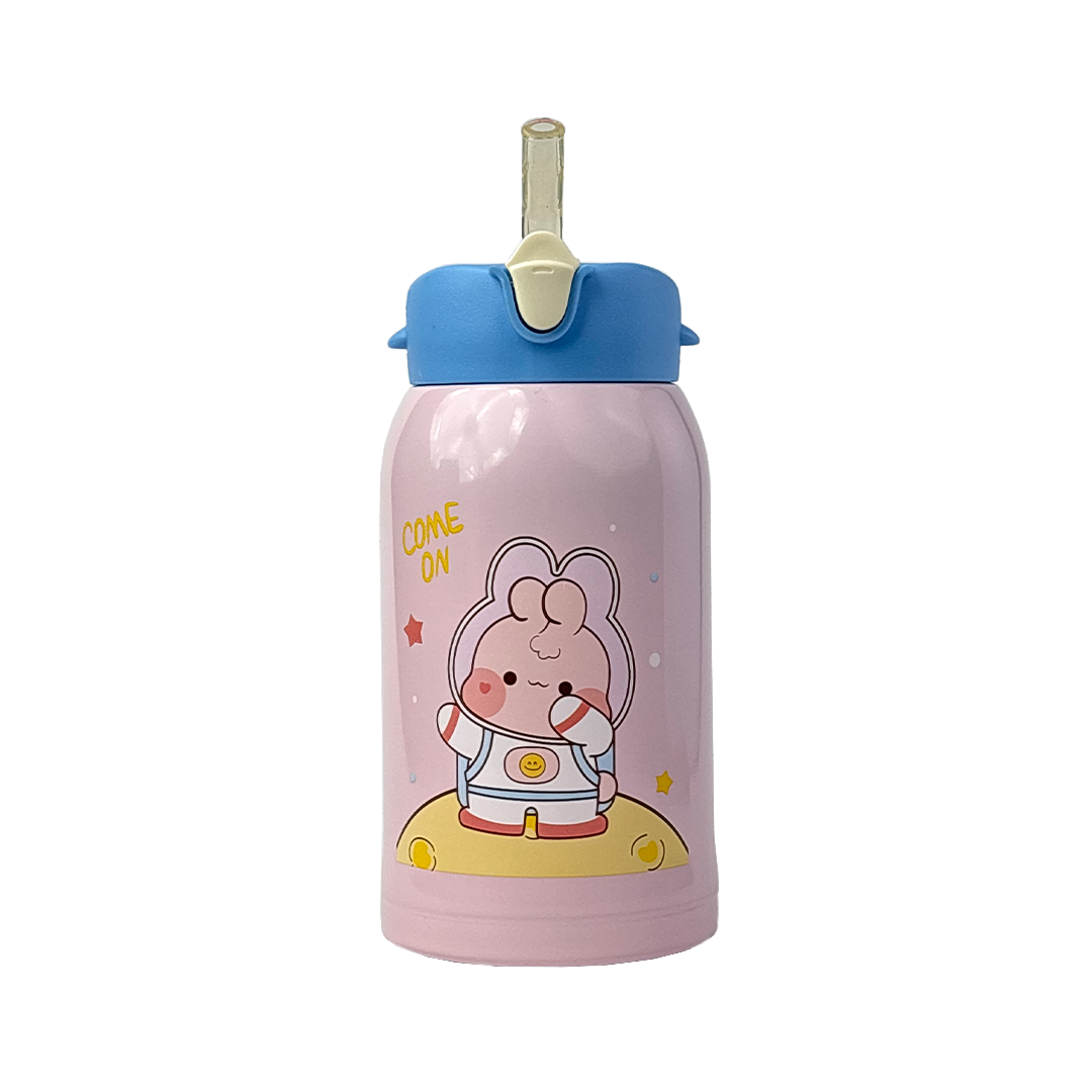 Wonder Kids 550 ML Hot & Cold Vacuum Thermos Sipper & Cup Bottle with Neck Strap Zipper Cover - Pink & Blue