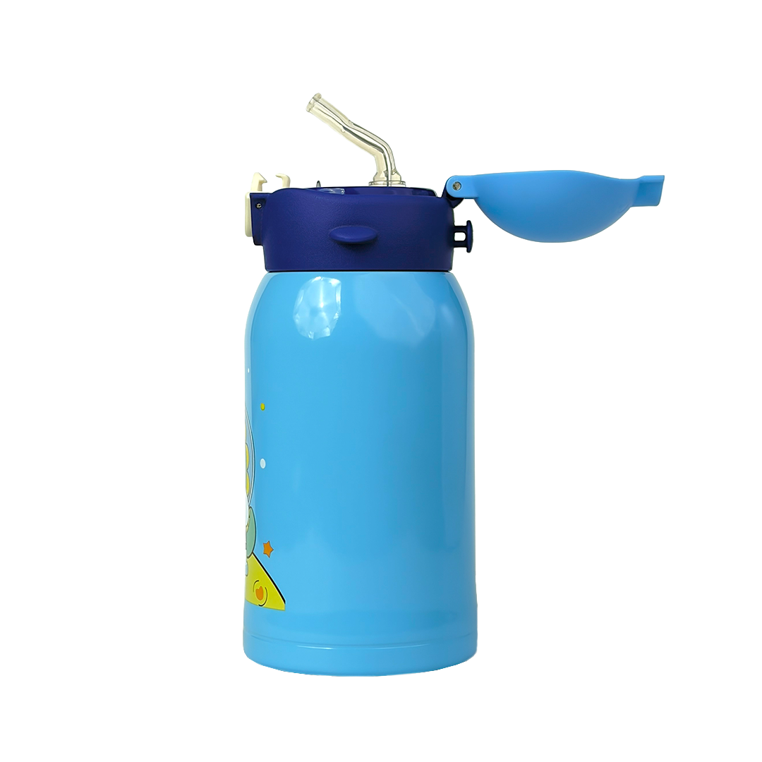Wonder Kids 550 ML Hot & Cold Vacuum Thermos Sipper & Cup Bottle with Neck Strap Zipper Cover - Shades of Blue
