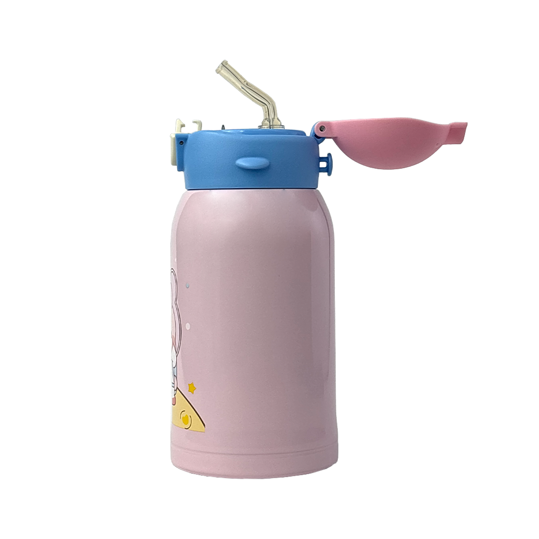 Wonder Kids 550 ML Hot & Cold Vacuum Thermos Sipper & Cup Bottle with Neck Strap Zipper Cover - Pink & Blue