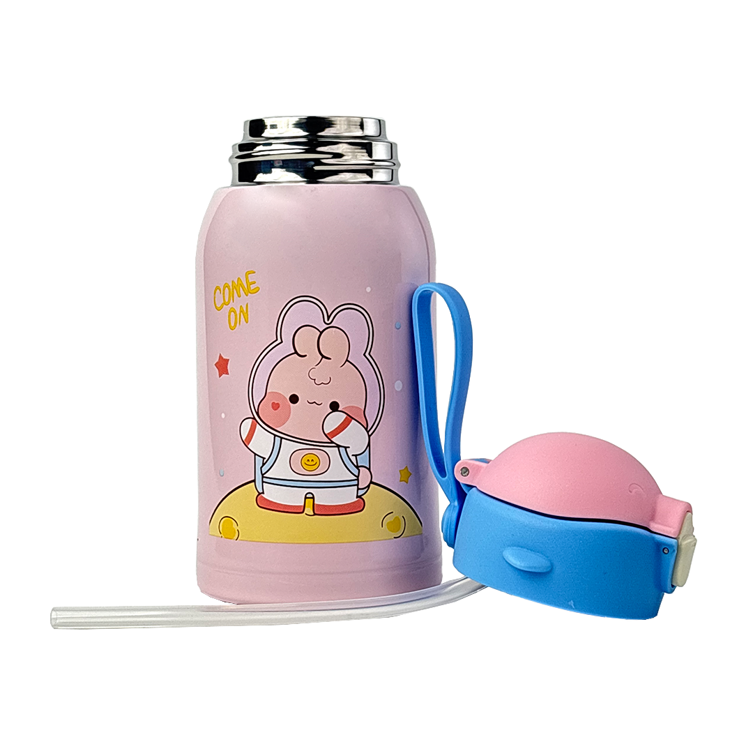 Wonder Kids 550 ML Hot & Cold Vacuum Thermos Sipper & Cup Bottle with Neck Strap Zipper Cover - Pink & Blue