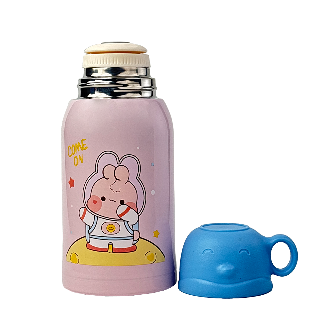 Wonder Kids 550 ML Hot & Cold Vacuum Thermos Sipper & Cup Bottle with Neck Strap Zipper Cover - Pink & Blue