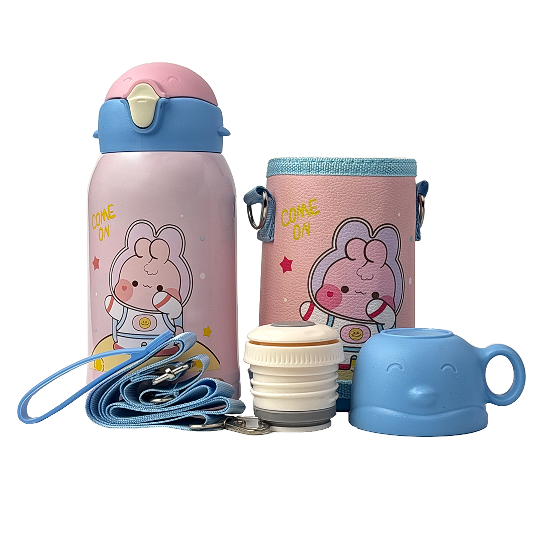 Wonder Kids 550 ML Hot & Cold Vacuum Thermos Sipper & Cup Bottle with Neck Strap Zipper Cover - Pink & Blue