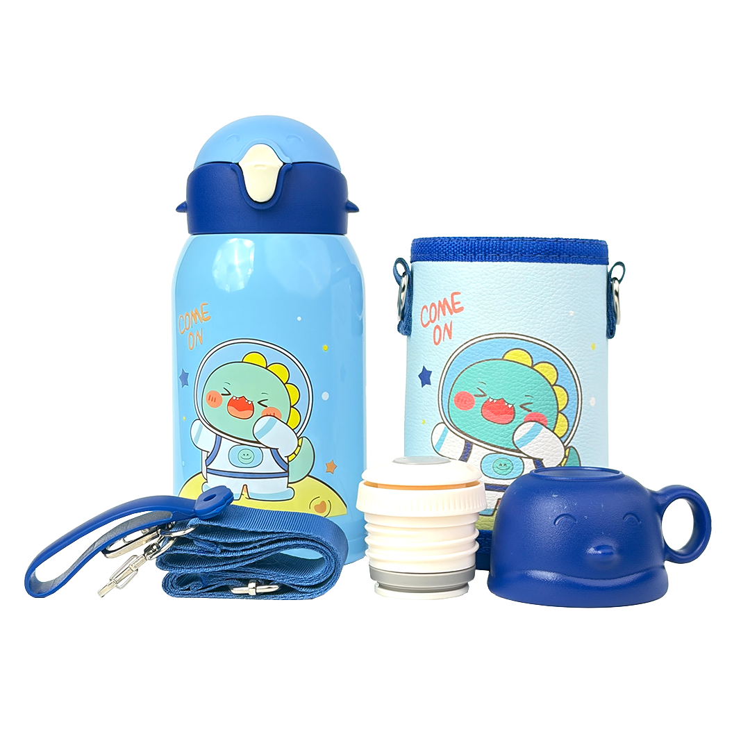 Wonder Kids 550 ML Hot & Cold Vacuum Thermos Sipper & Cup Bottle with Neck Strap Zipper Cover - Shades of Blue