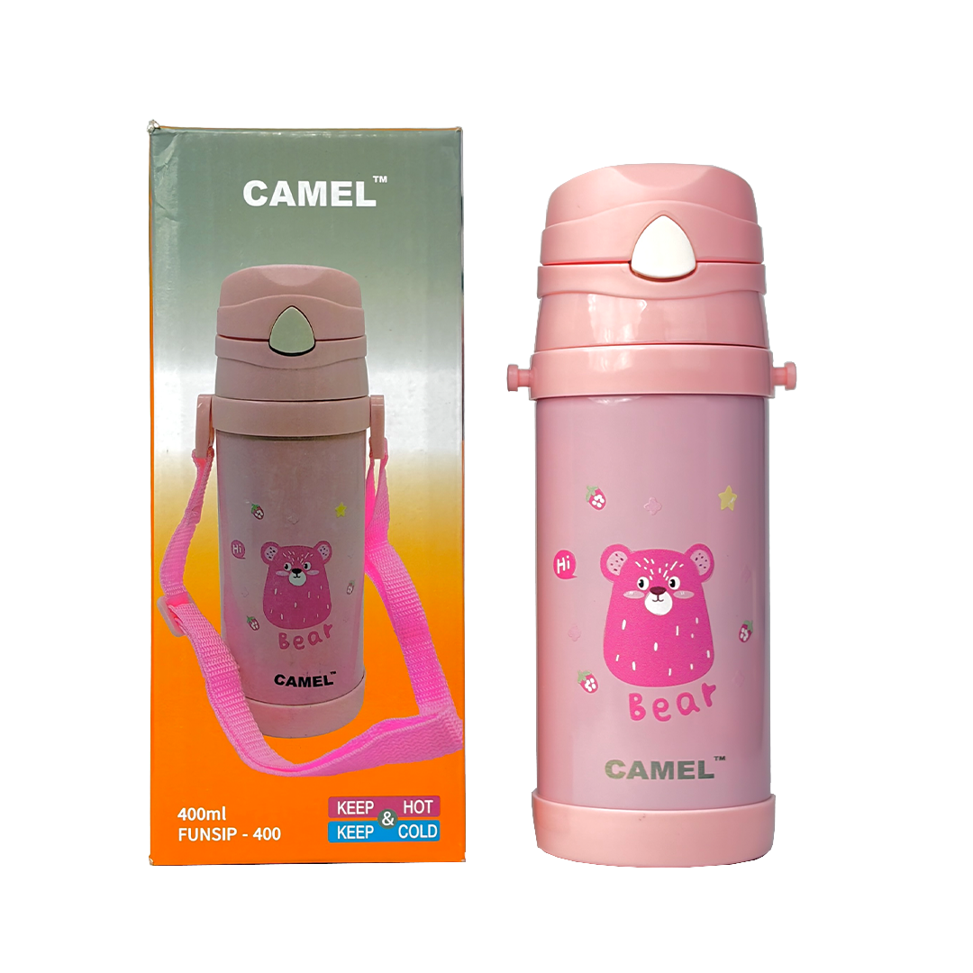 Funsip Kids 420ML Sipper Straw Vacuum Insulated Bottle with Neck Strap - Pink