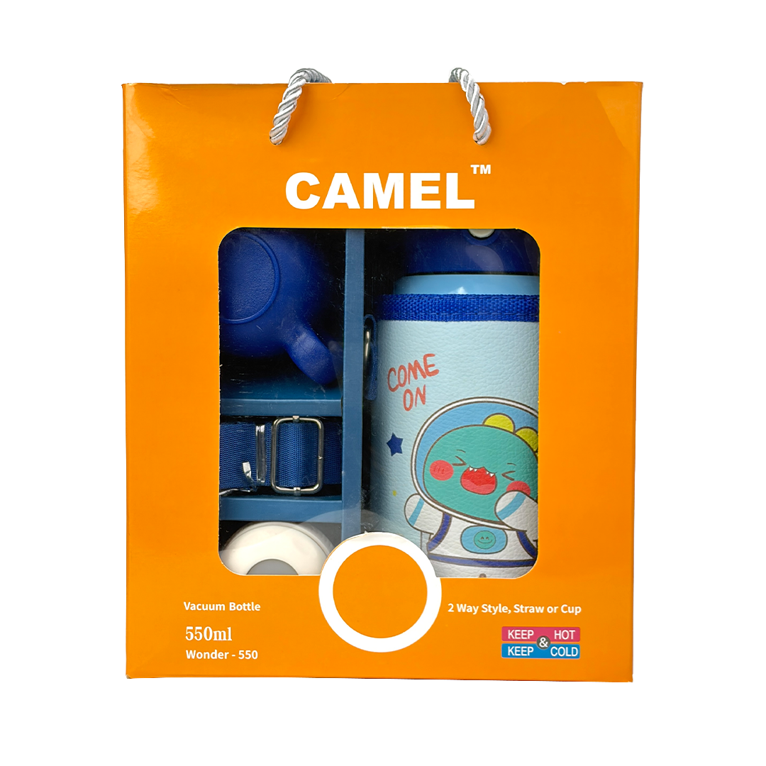 Wonder Kids 550 ML Hot & Cold Vacuum Thermos Sipper & Cup Bottle with Neck Strap Zipper Cover - Shades of Blue