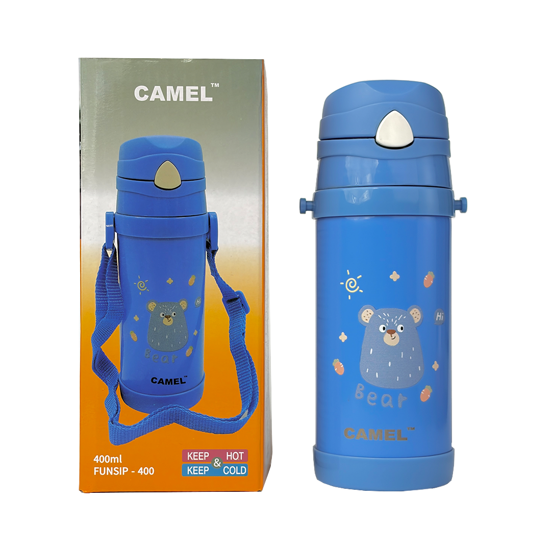 Funsip Kids 420ML Sipper Straw Vacuum Insulated Bottle with Neck Strap - Blue