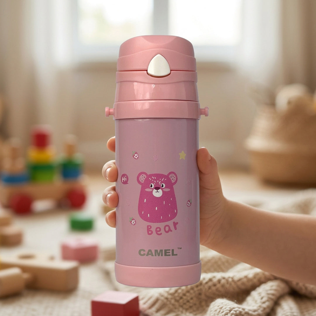 Funsip Kids 420ML Sipper Straw Vacuum Insulated Bottle with Neck Strap - Pink