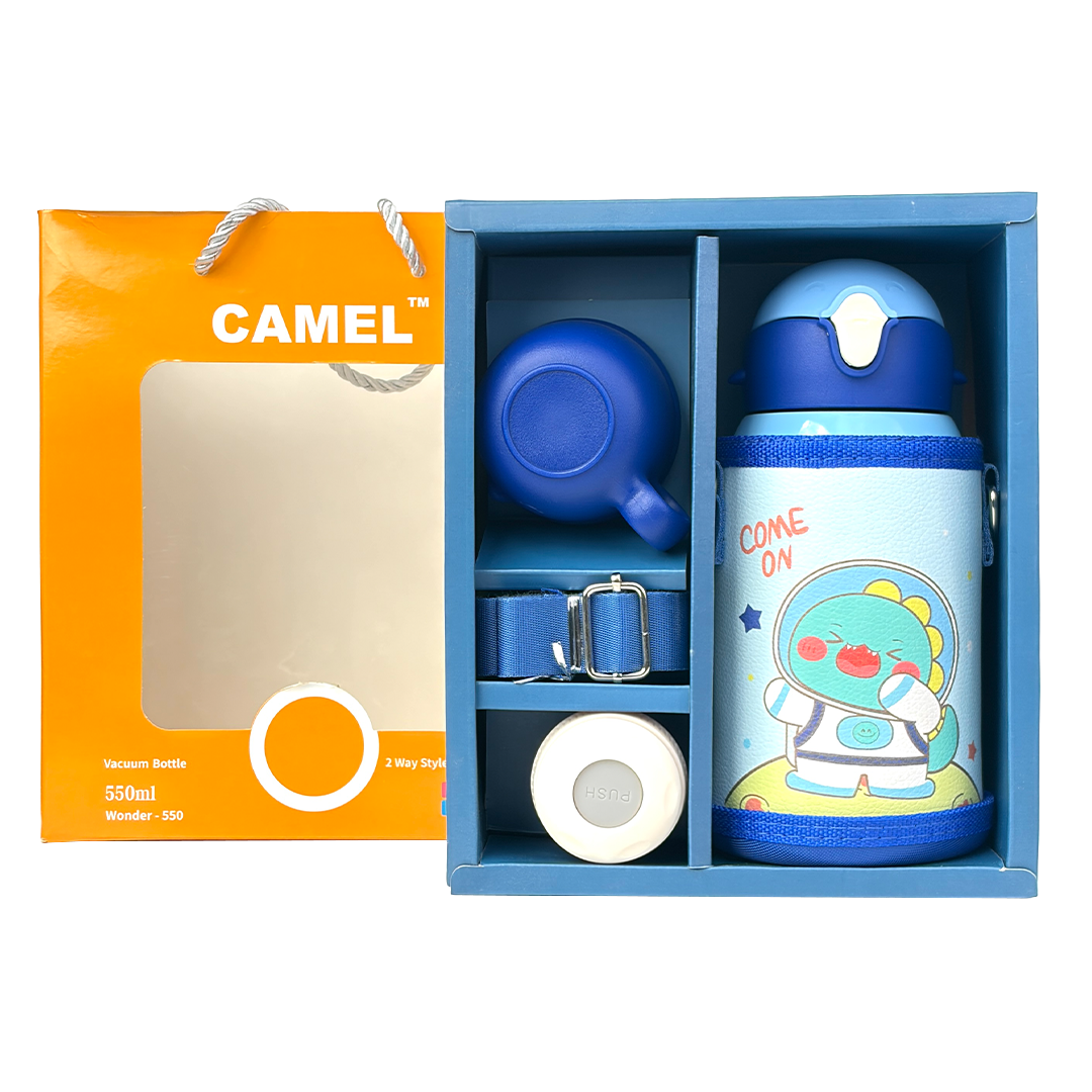 Wonder Kids 550 ML Hot & Cold Vacuum Thermos Sipper & Cup Bottle with Neck Strap Zipper Cover - Shades of Blue
