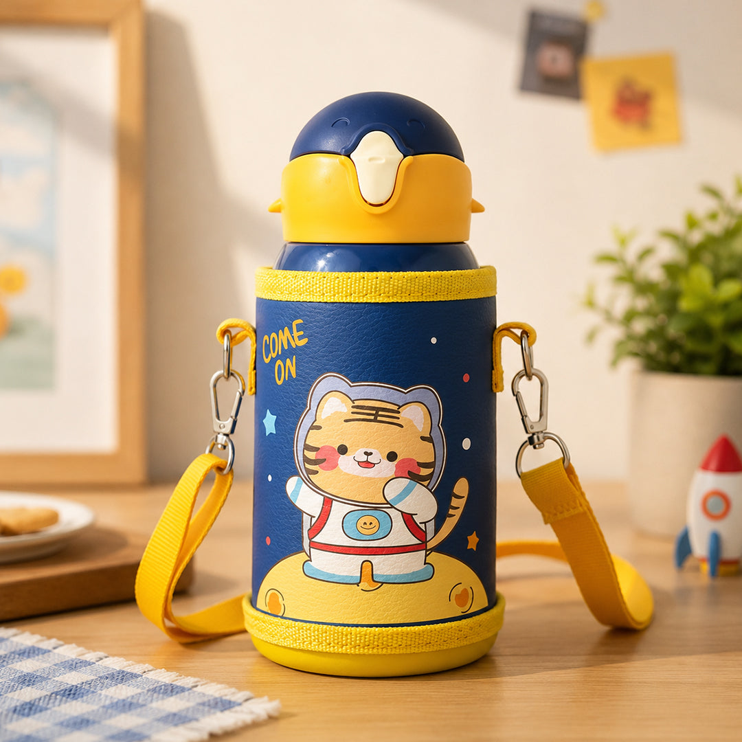 Wonder Kids 550 ML Hot & Cold Vacuum Thermos Sipper & Cup Bottle with Neck Strap Zipper Cover - Blue & Yellow