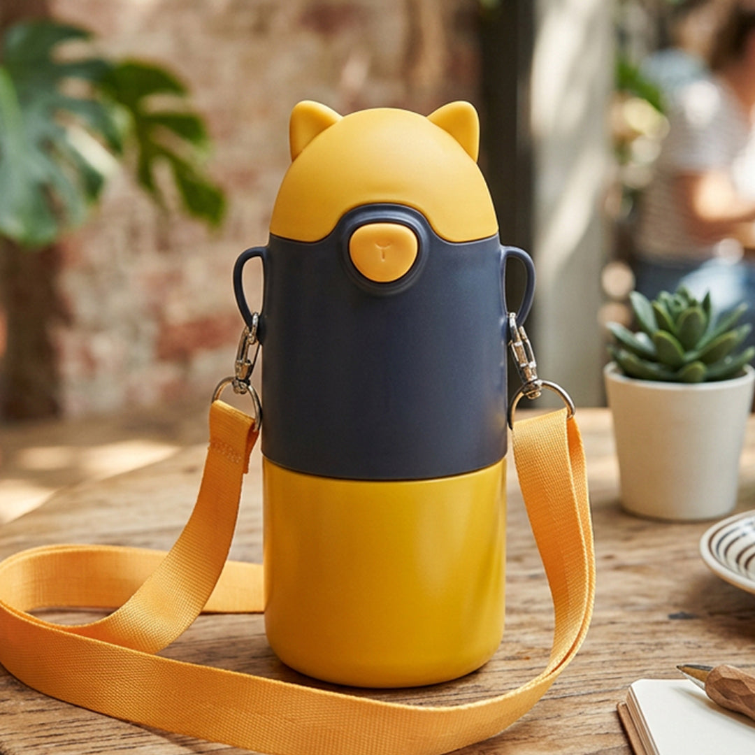 Play Kids 450ML Double Wall Vacuum Sipper Bottle with Neck Strap - Yellow & Blue