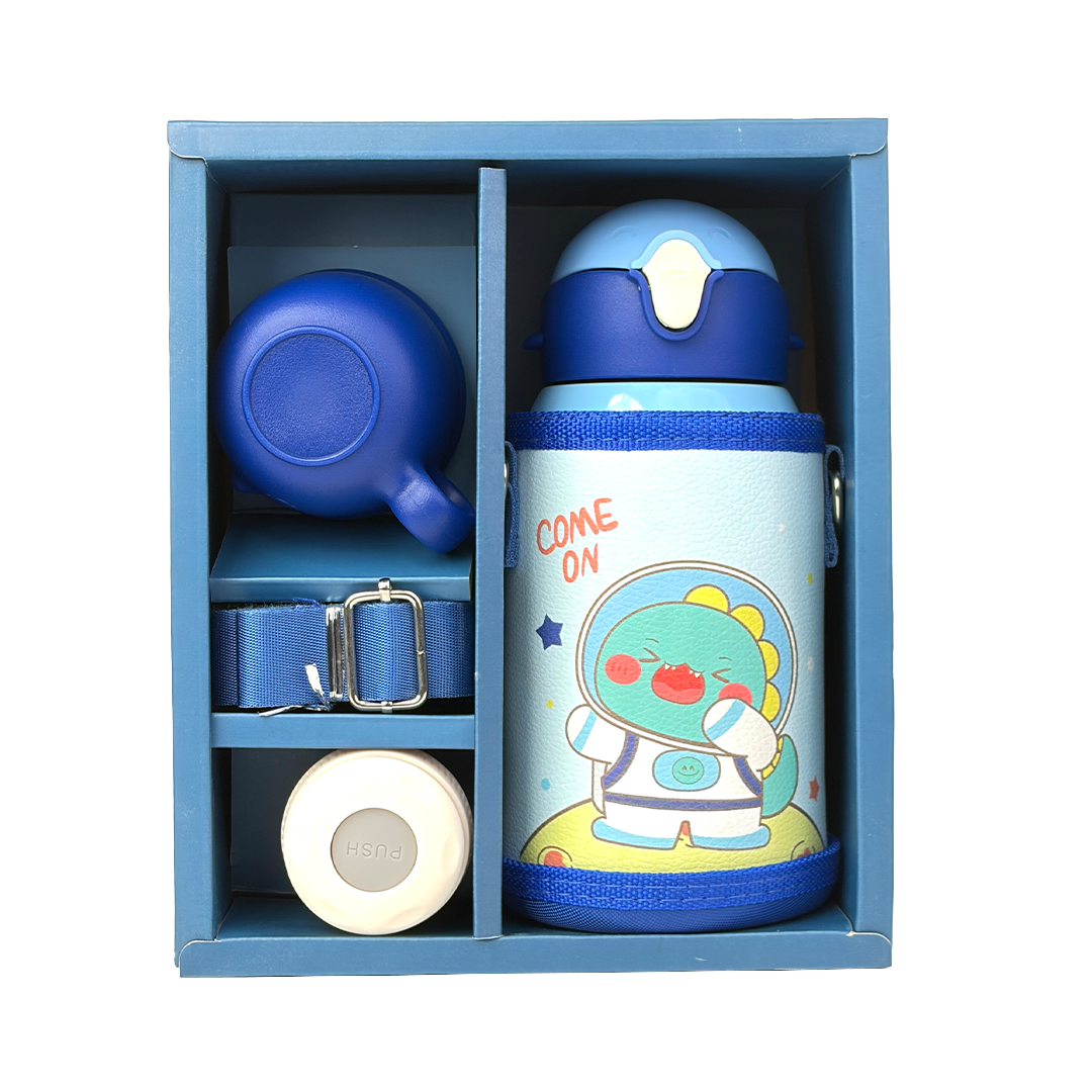 Wonder Kids 550 ML Hot & Cold Vacuum Thermos Sipper & Cup Bottle with Neck Strap Zipper Cover - Shades of Blue