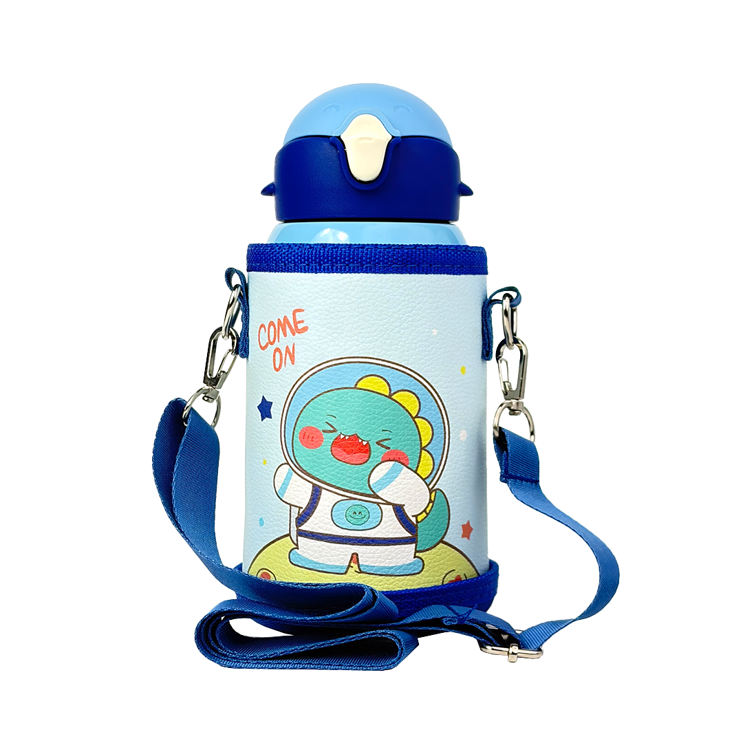 Wonder Kids 550 ML Hot & Cold Vacuum Thermos Sipper & Cup Bottle with Neck Strap Zipper Cover - Shades of Blue