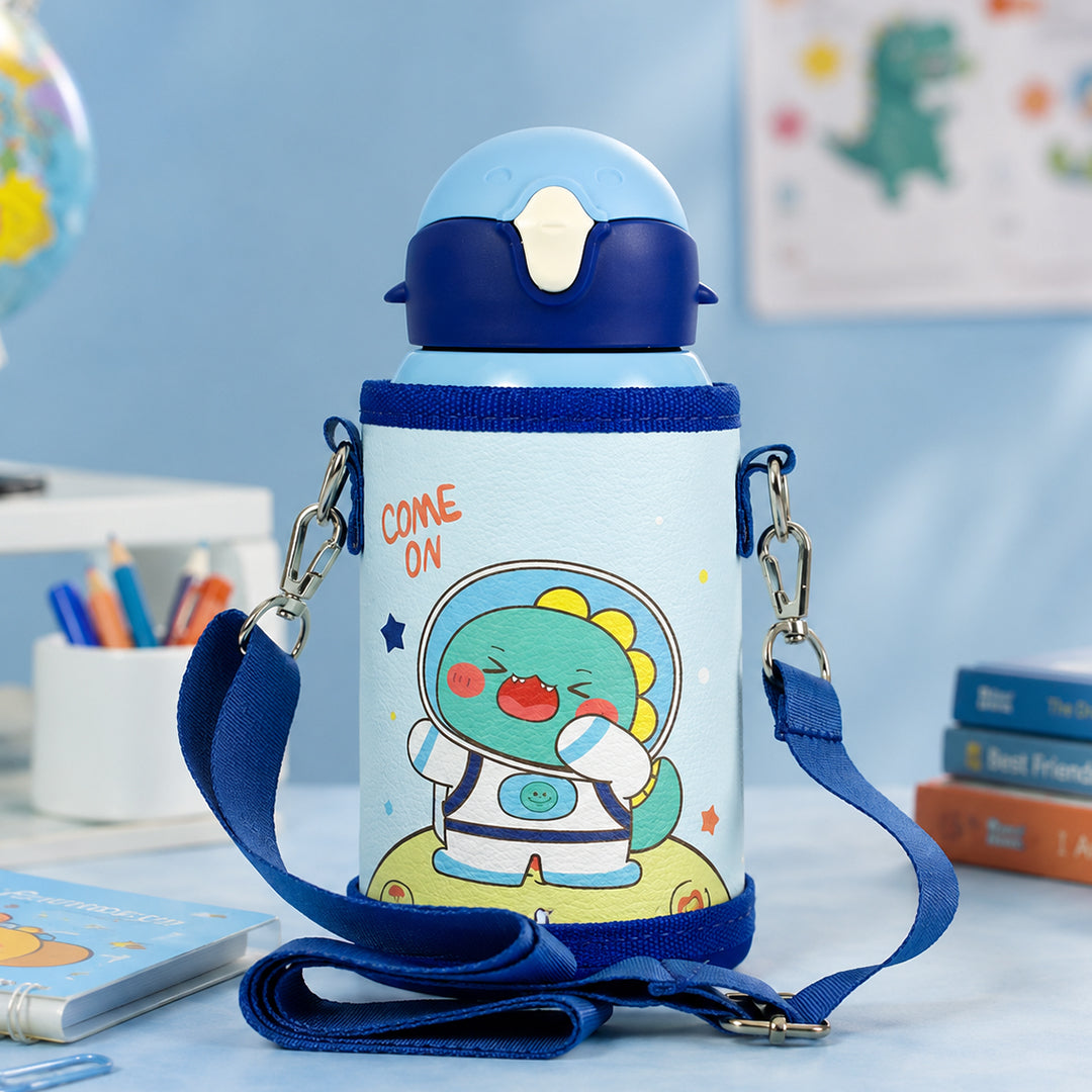 Wonder Kids 550 ML Hot & Cold Vacuum Thermos Sipper & Cup Bottle with Neck Strap Zipper Cover - Shades of Blue