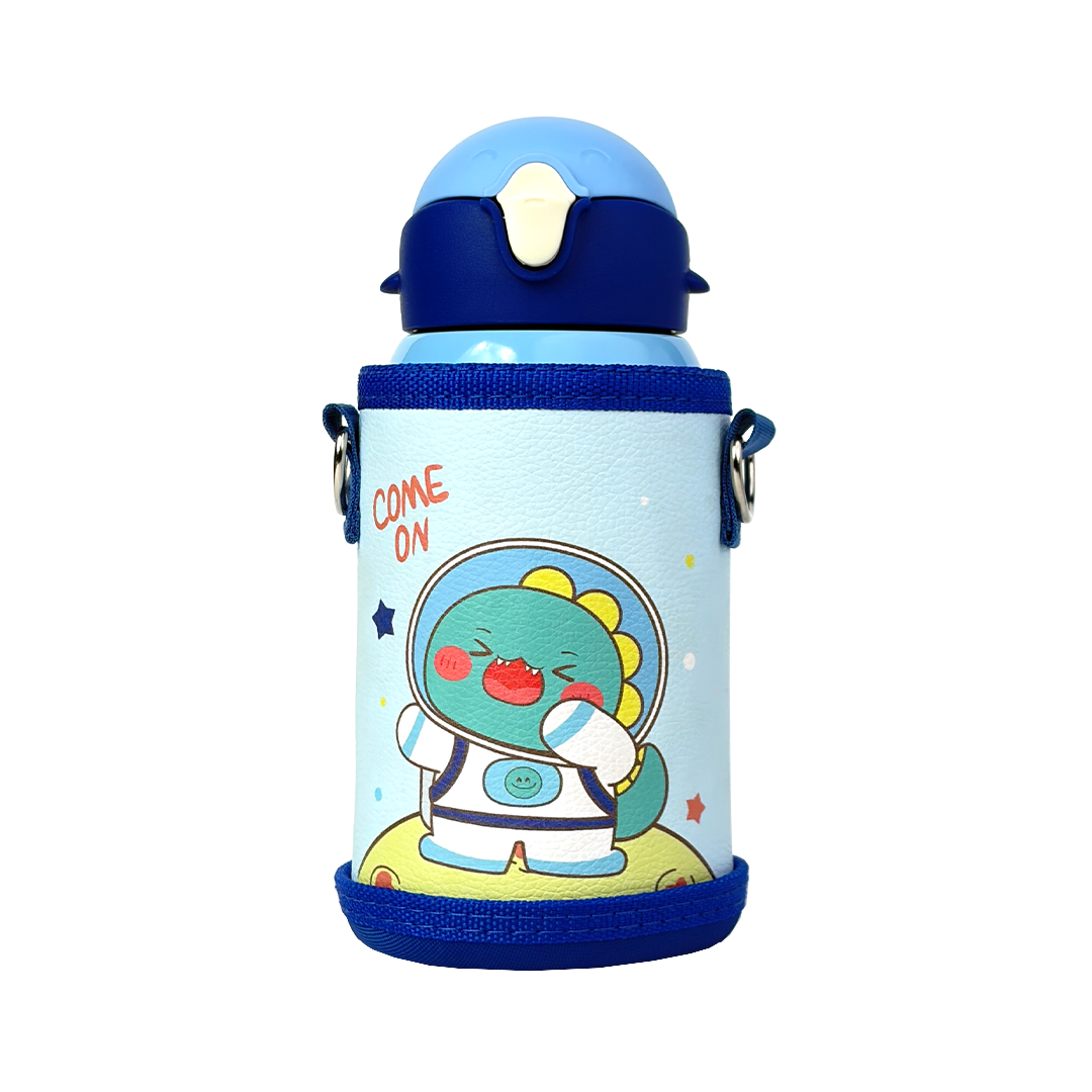 Wonder Kids 550 ML Hot & Cold Vacuum Thermos Sipper & Cup Bottle with Neck Strap Zipper Cover - Shades of Blue