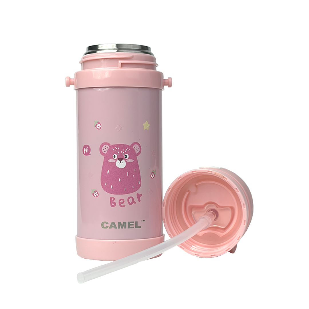 Funsip Kids 420ML Sipper Straw Vacuum Insulated Bottle with Neck Strap - Pink