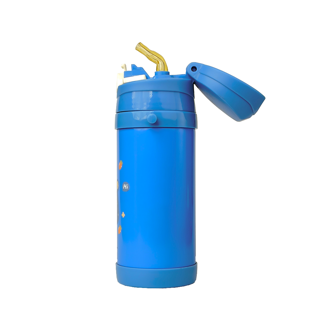 Funsip Kids 420ML Sipper Straw Vacuum Insulated Bottle with Neck Strap - Blue