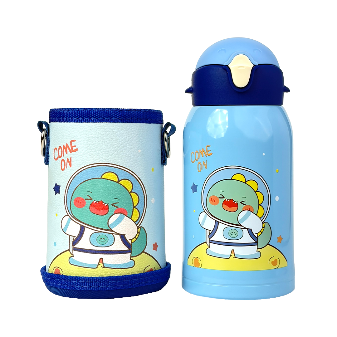 Wonder Kids 550 ML Hot & Cold Vacuum Thermos Sipper & Cup Bottle with Neck Strap Zipper Cover - Shades of Blue
