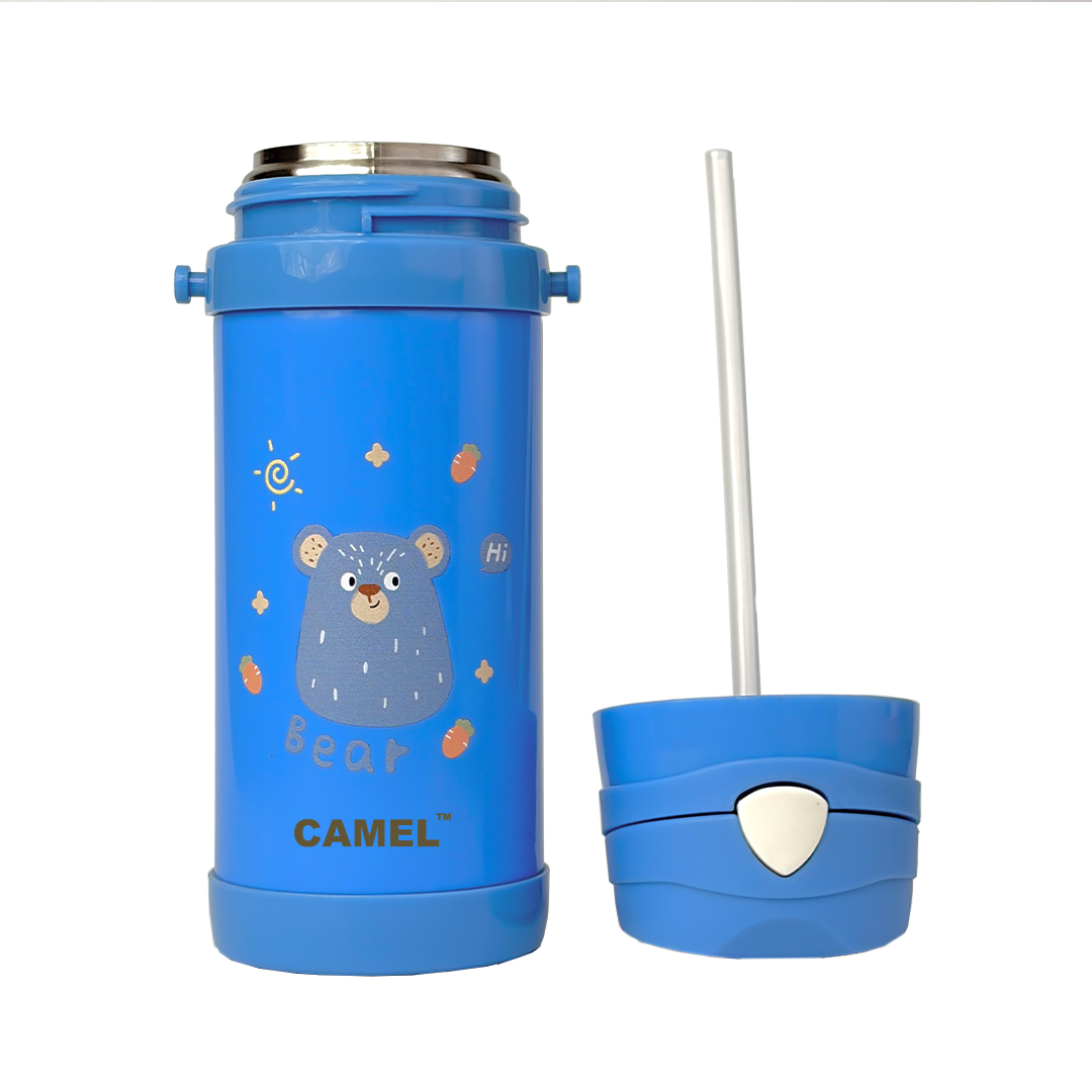 Funsip Kids 420ML Sipper Straw Vacuum Insulated Bottle with Neck Strap - Blue