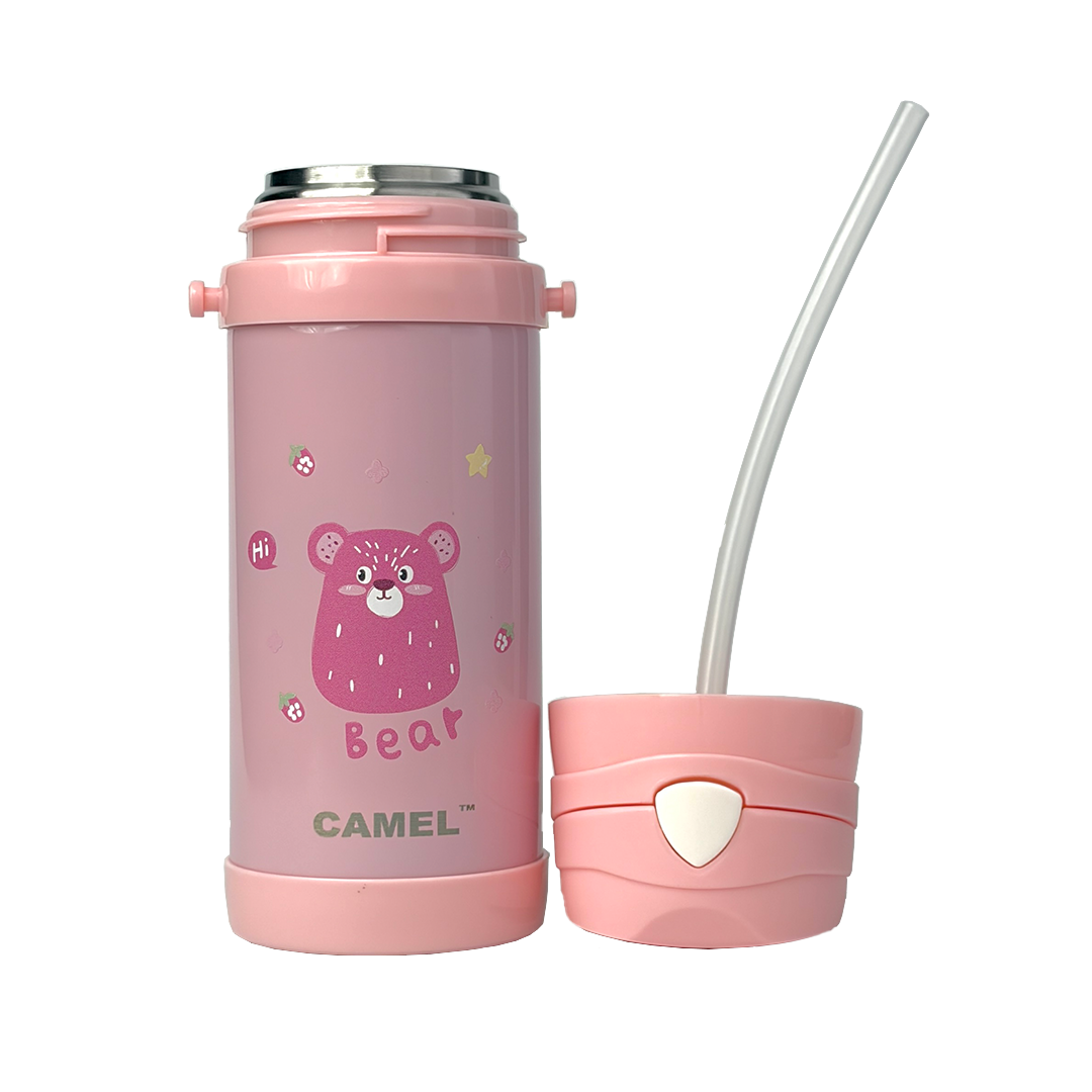 Funsip Kids 420ML Sipper Straw Vacuum Insulated Bottle with Neck Strap - Pink