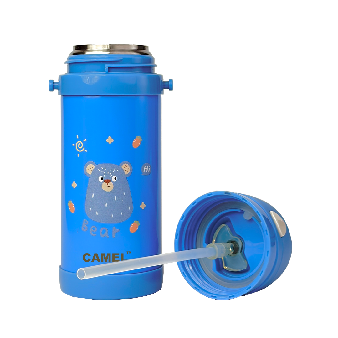 Funsip Kids 420ML Sipper Straw Vacuum Insulated Bottle with Neck Strap - Blue