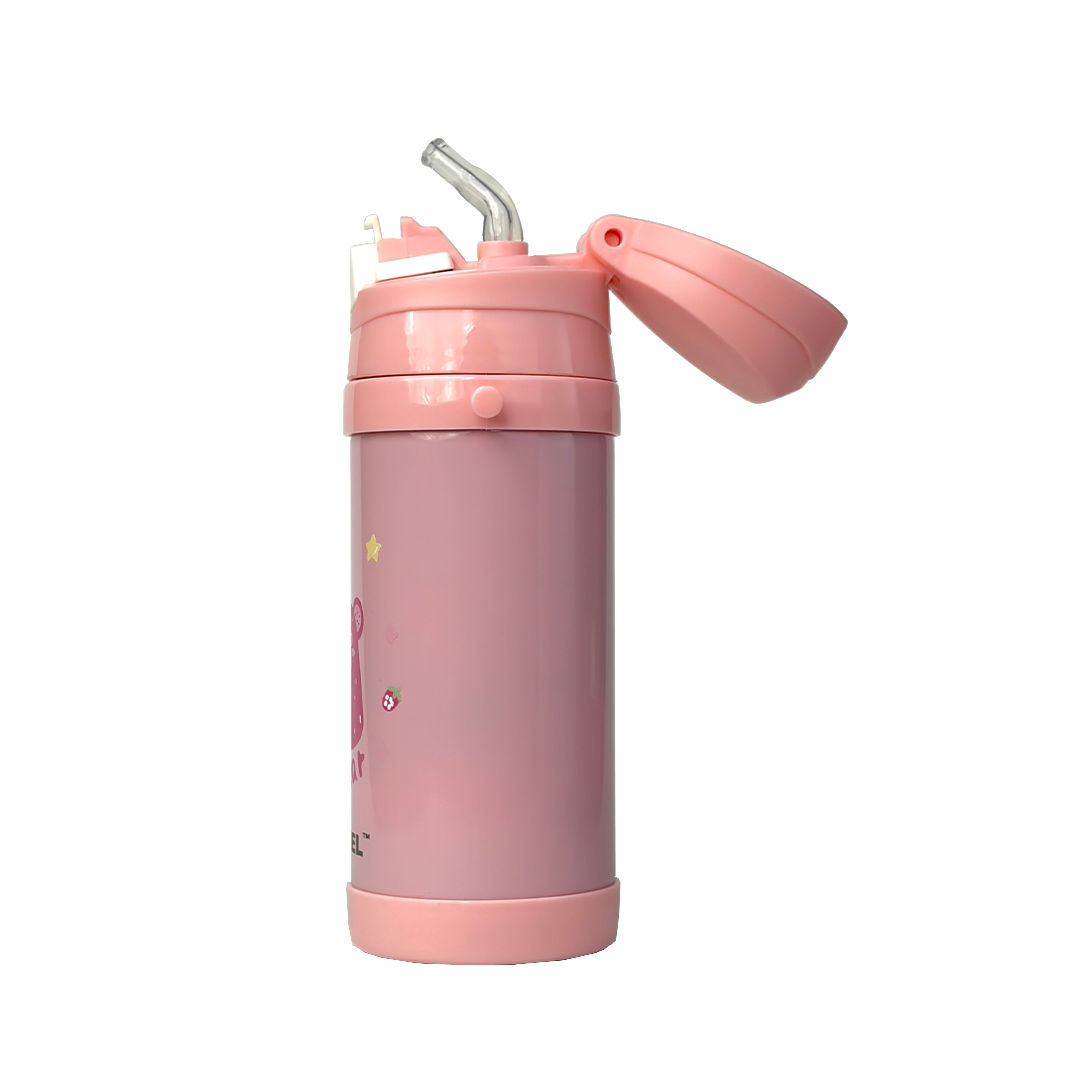 Funsip Kids 420ML Sipper Straw Vacuum Insulated Bottle with Neck Strap - Pink