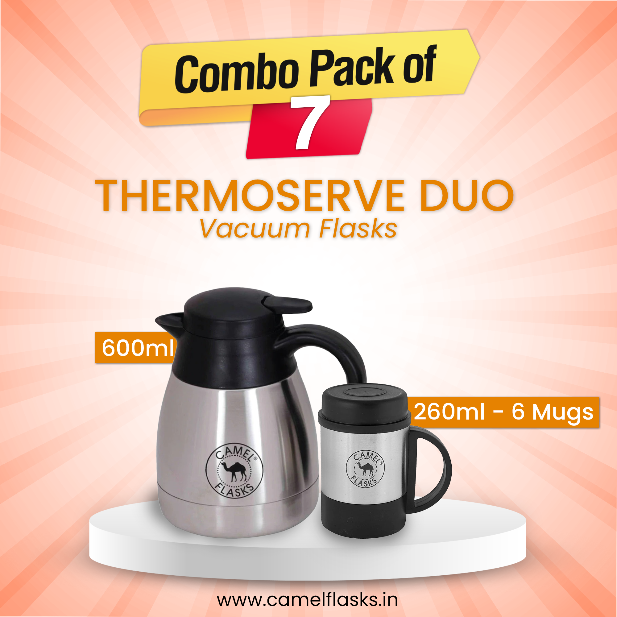 Thermoserve Duo - CP-N Coffee Server Vacuum Tea Pot 600 ML + Vaccuum Mugs with Lid 260ML Combo