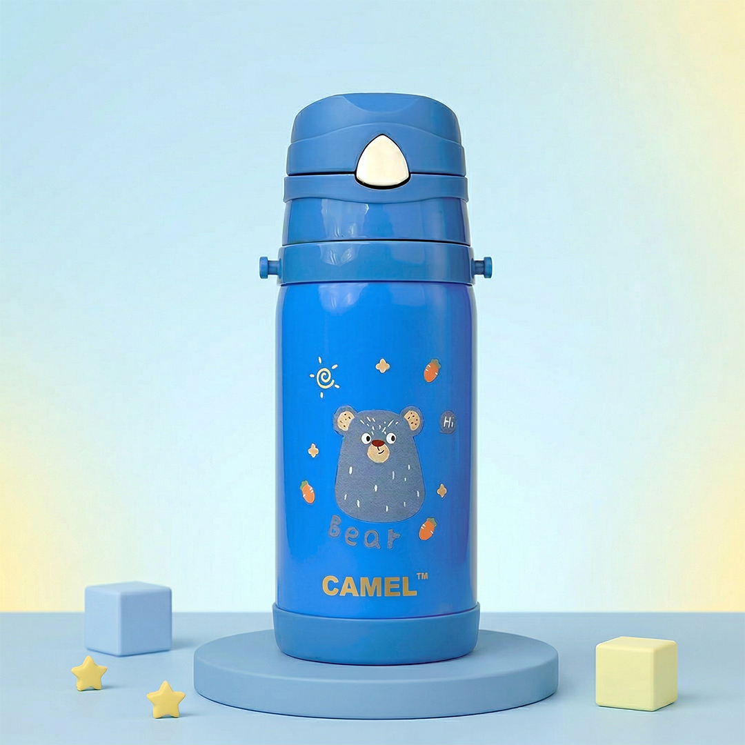 Funsip Kids 420ML Sipper Straw Vacuum Insulated Bottle with Neck Strap - Blue