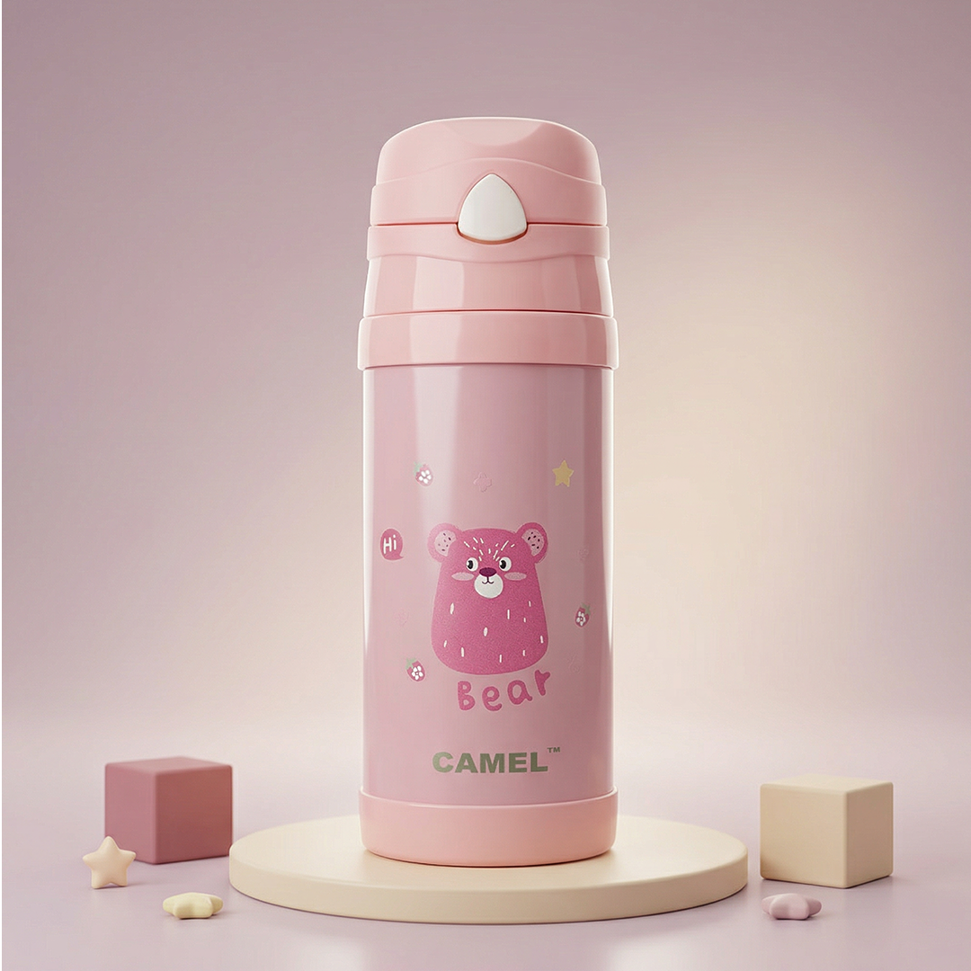Funsip Kids 420ML Sipper Straw Vacuum Insulated Bottle with Neck Strap - Pink