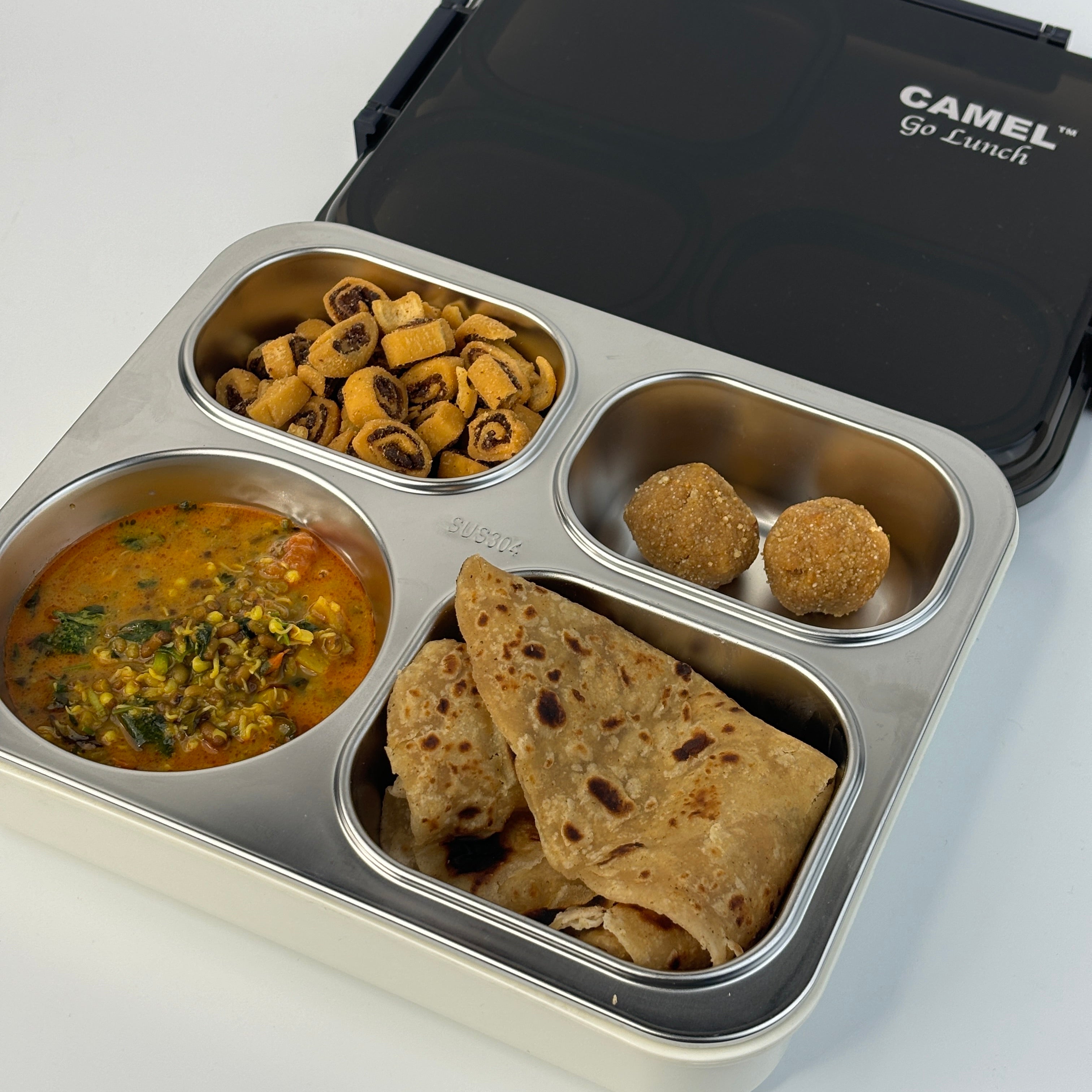 Camel 4 Compartment Bento Stainless Steel Tiffin with Foldable Spoon - 1200 Ml