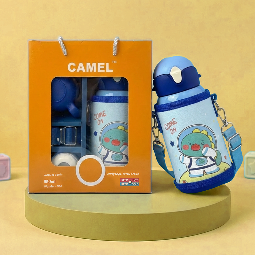 Wonder Kids 550 ML Hot & Cold Vacuum Thermos Sipper & Cup Bottle with Neck Strap Zipper Cover - Shades of Blue