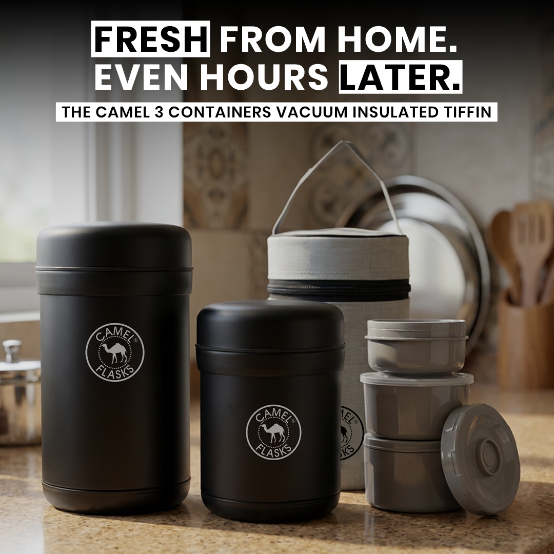 Camel 3 Compartment Vacuum Insulated Thermo Tiffin with Bag - Black