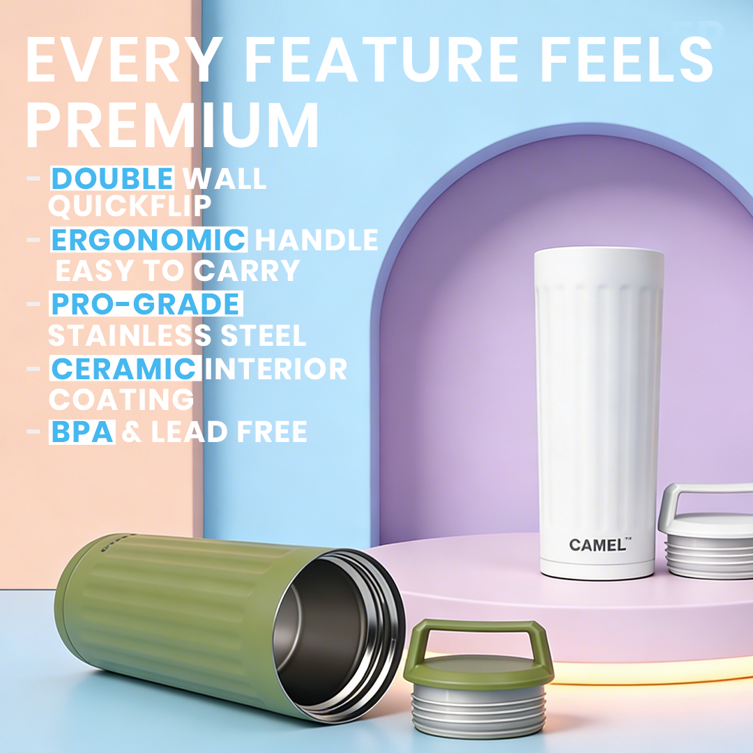 Essentia Quickflip Double Wall Vacuum Tumbler with Stylish Handle - Olive Green
