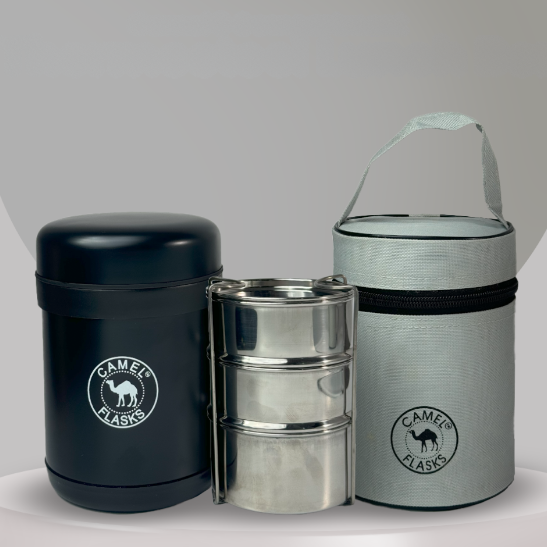 Camel 3 Compartment 750 ML Vacuum Insulated Thermosteel Lunch Box with Bag