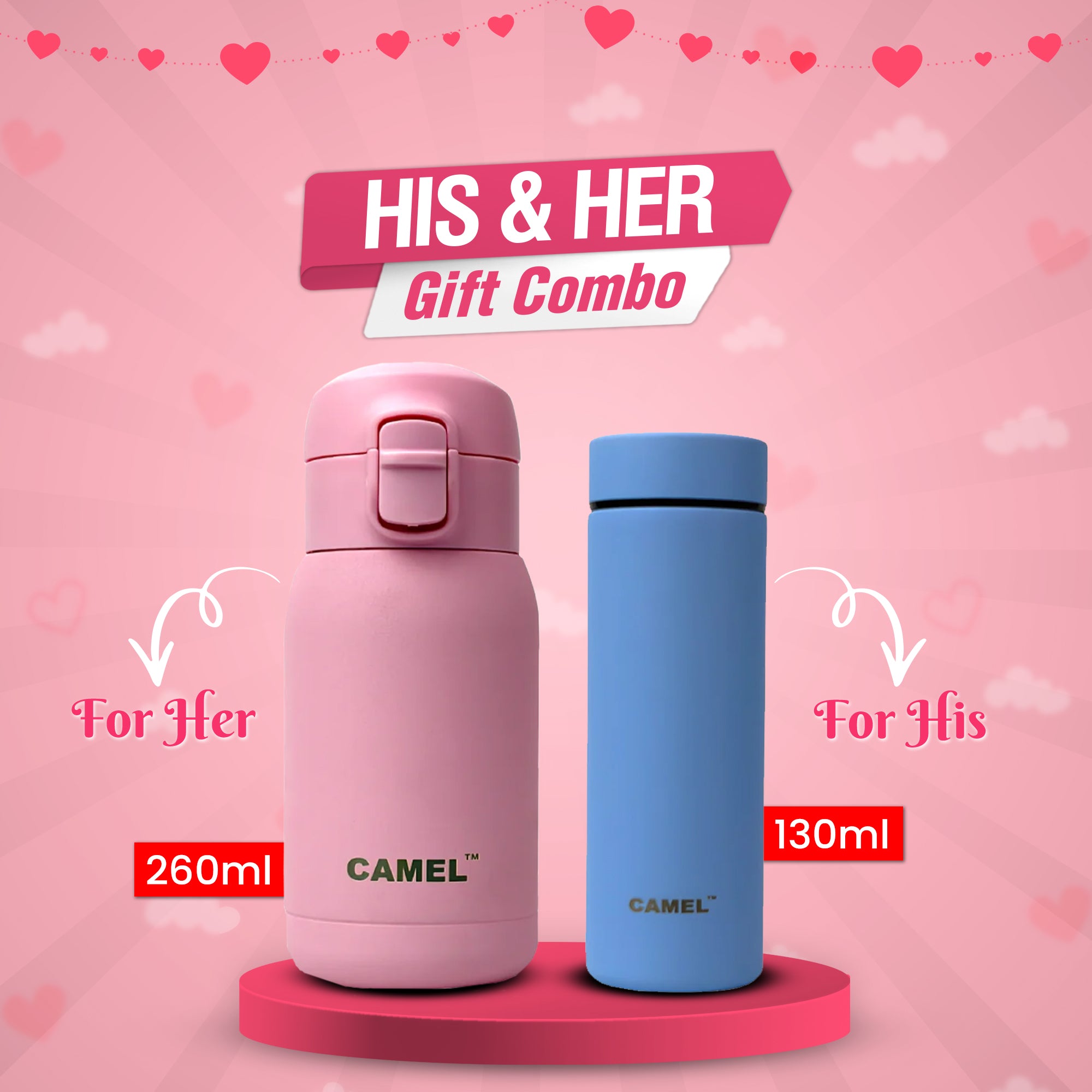 Mojo 260 ML(Pink) & Mini 130 ML(Blue) Mini Vacuum Bottle Combo - Couple Gift