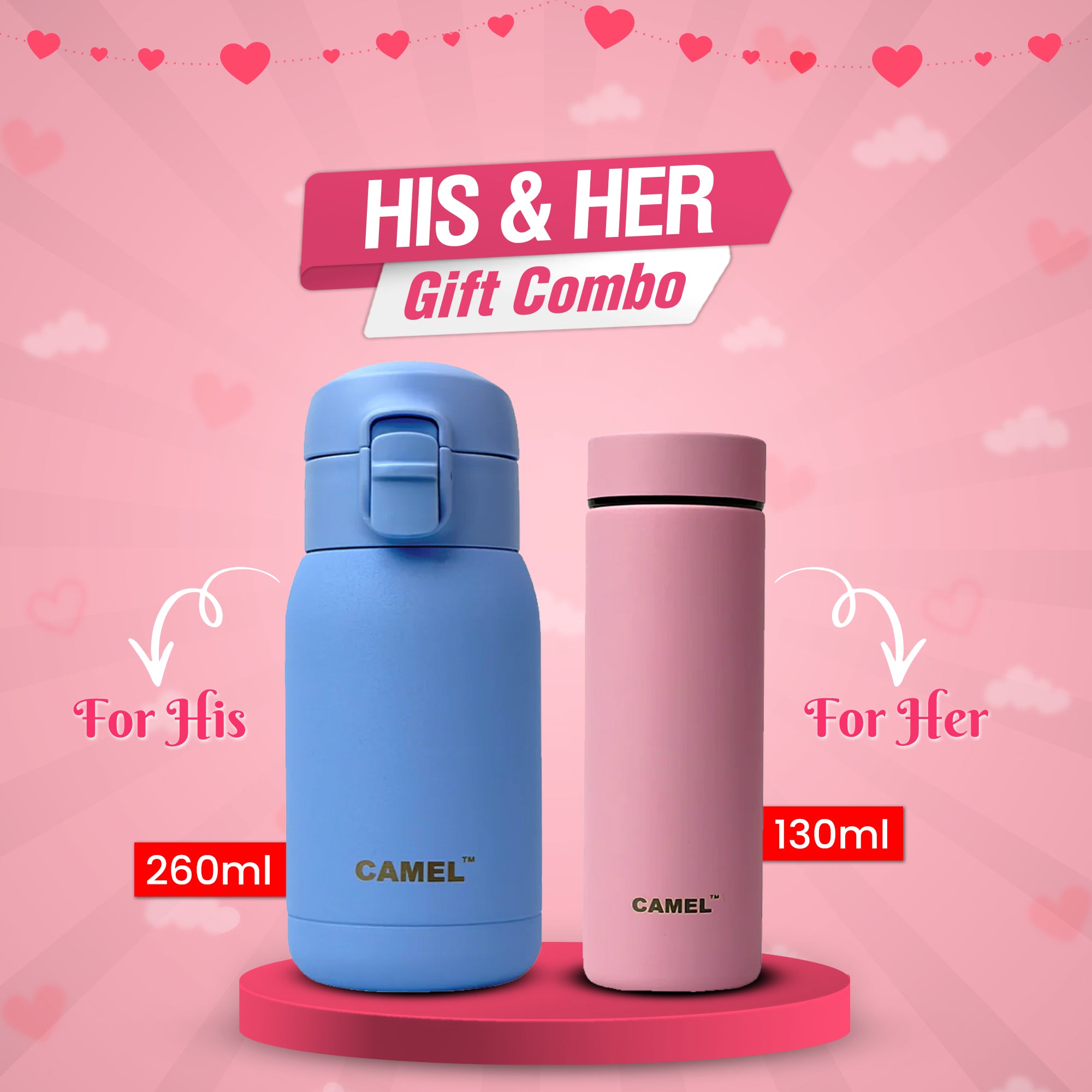 Mojo 260 ML(Blue) & Mini 130 ML(Pink) Mini Vacuum Bottle Combo - Couple Gift